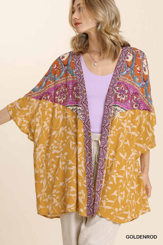Sale - Goldenrod Mixed Print Ruffled Half Sleeve Open Front Kimono