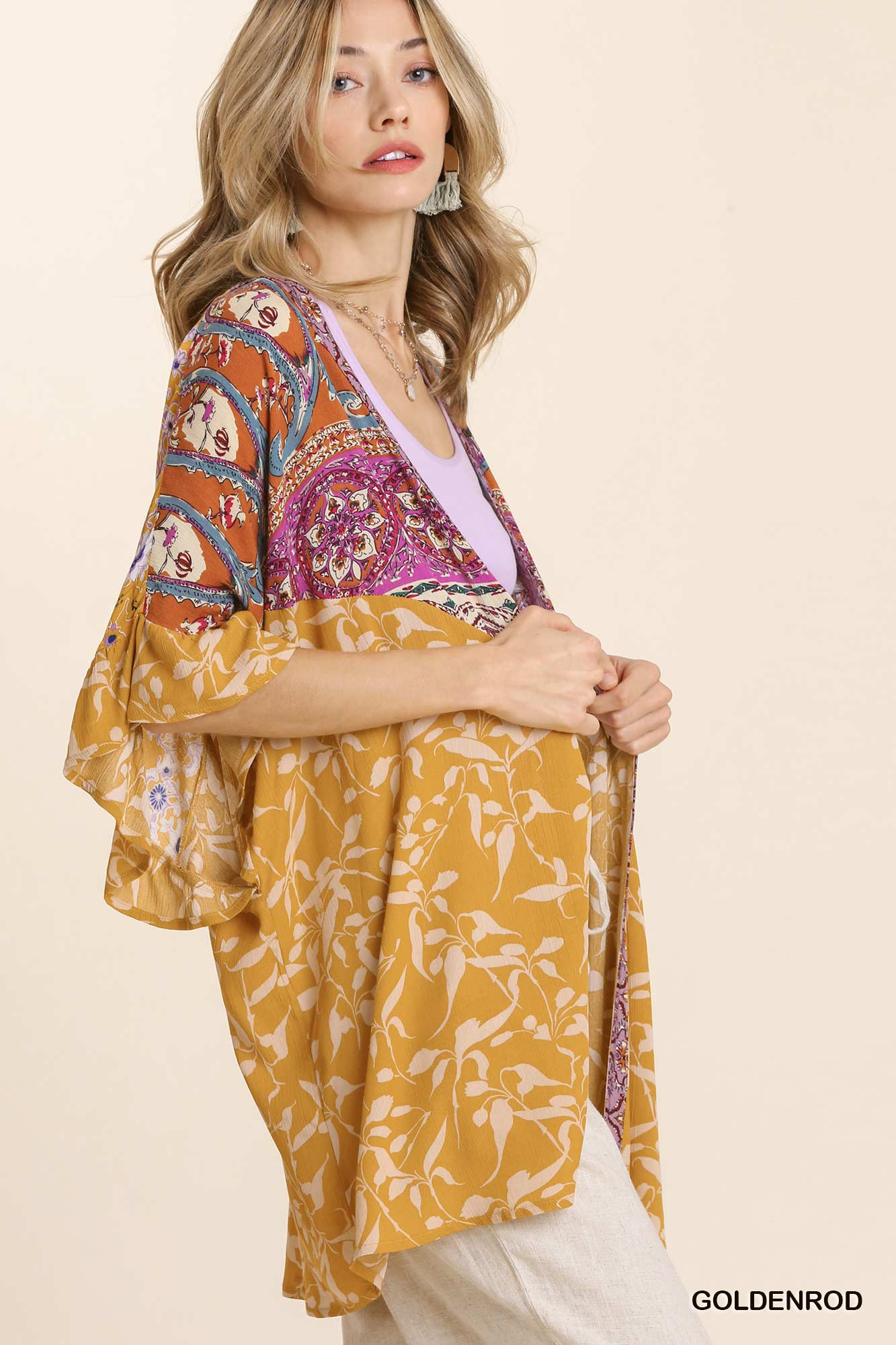 Sale - Goldenrod Mixed Print Ruffled Half Sleeve Open Front Kimono