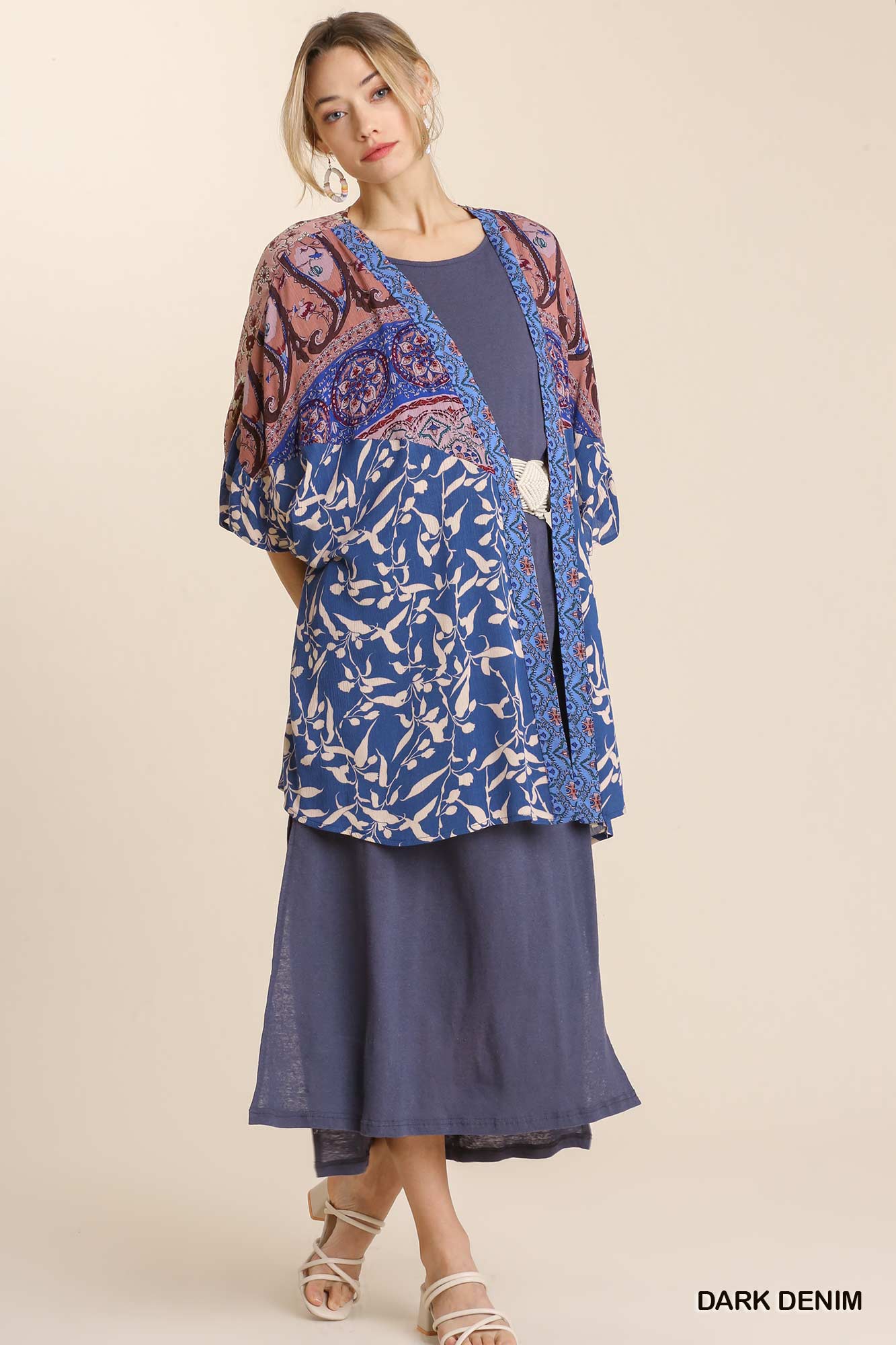 Dark Denim Mixed Print Ruffled Half Sleeve Open Front Kimono