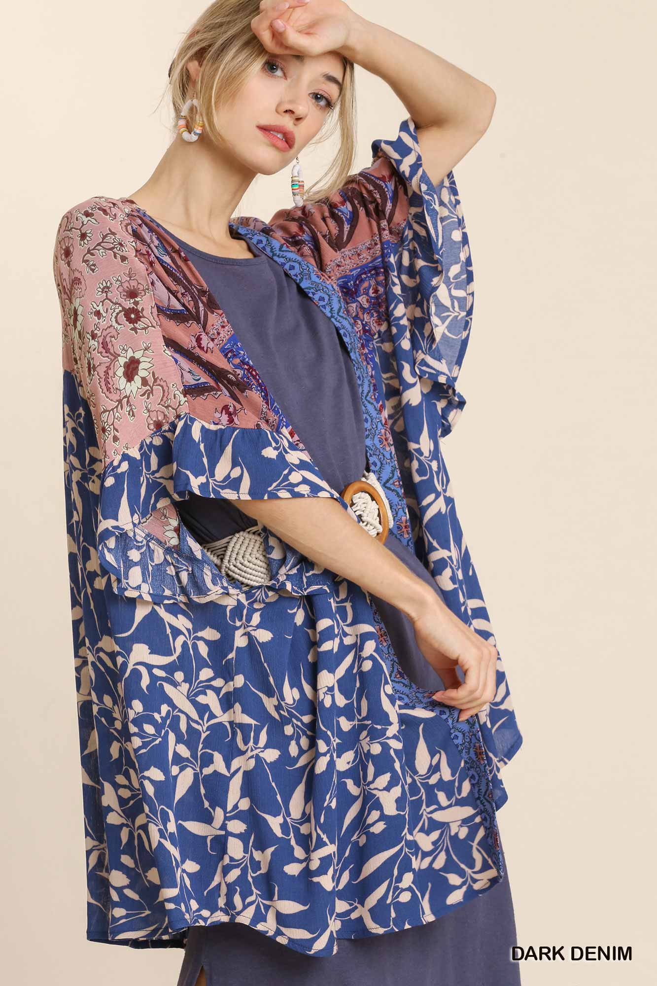 Dark Denim Mixed Print Ruffled Half Sleeve Open Front Kimono