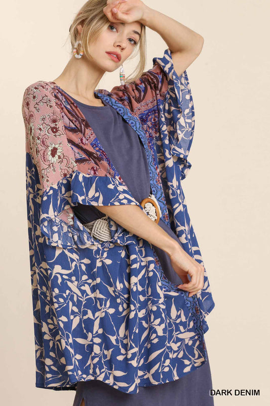 Dark Denim Mixed Print Ruffled Half Sleeve Open Front Kimono