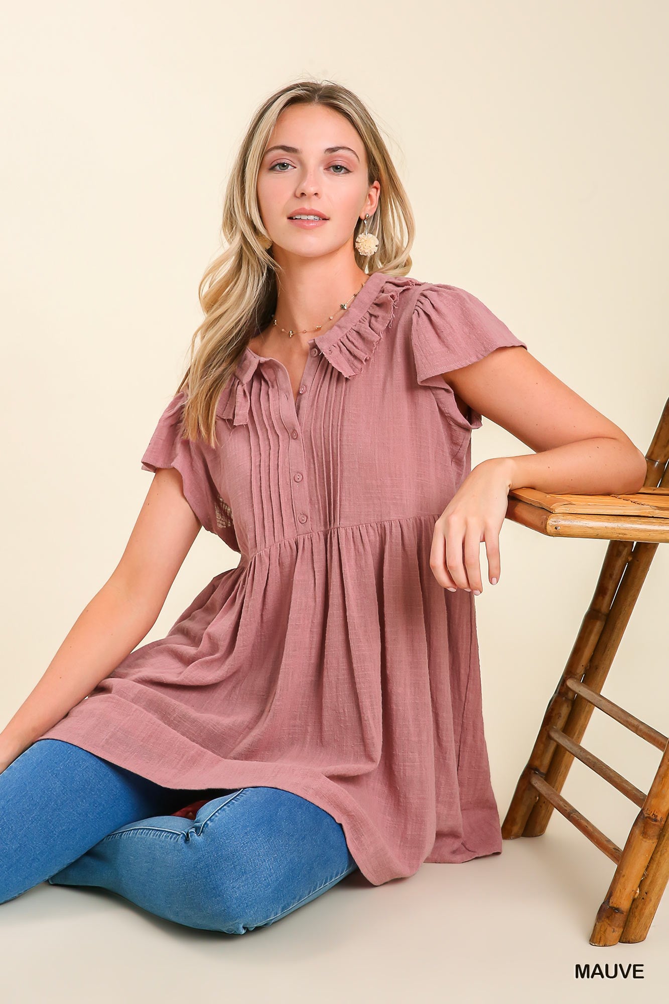 Sale - Mauve Ruffle Neck Collar Tunic Top Dress