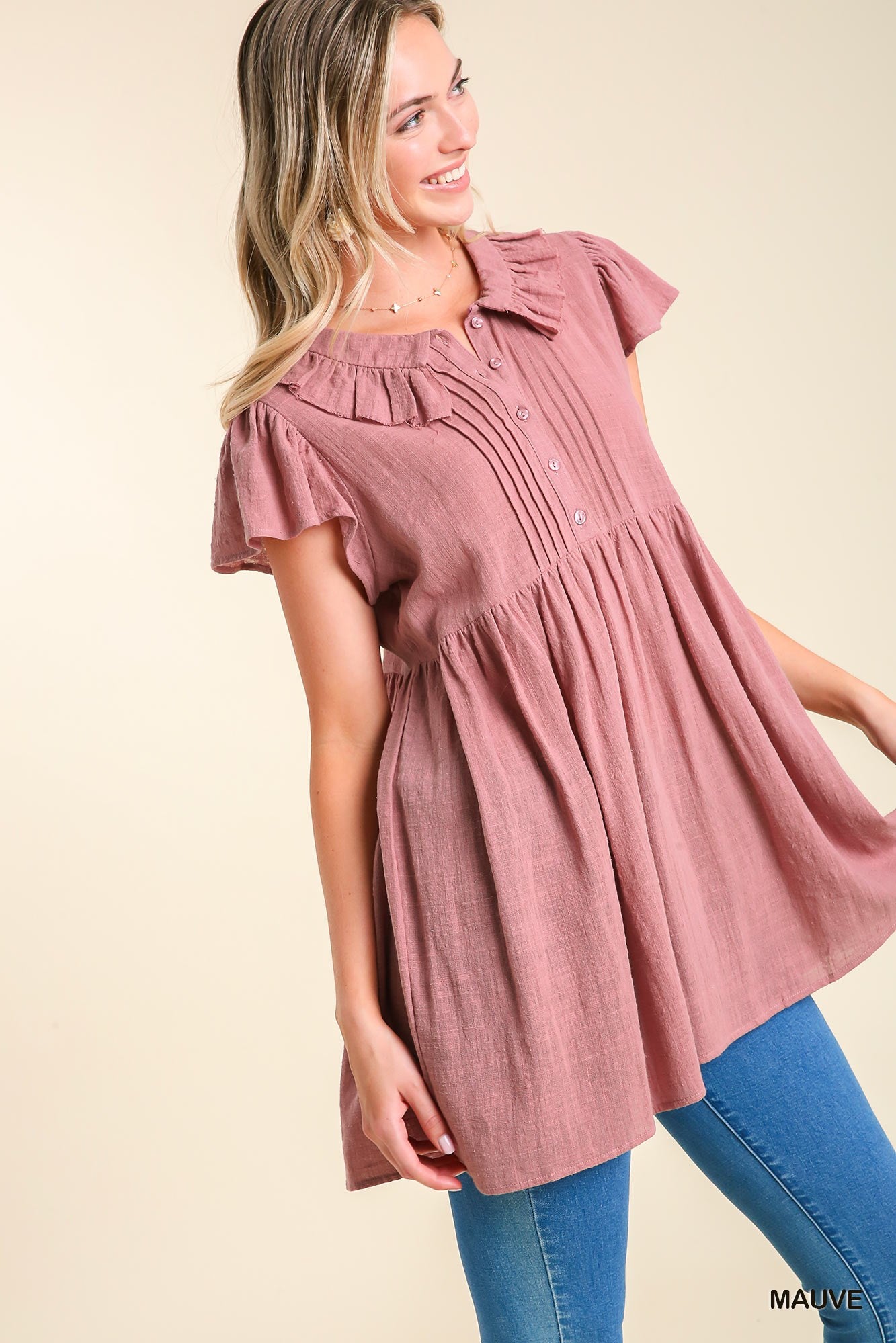 Sale - Mauve Ruffle Neck Collar Tunic Top Dress