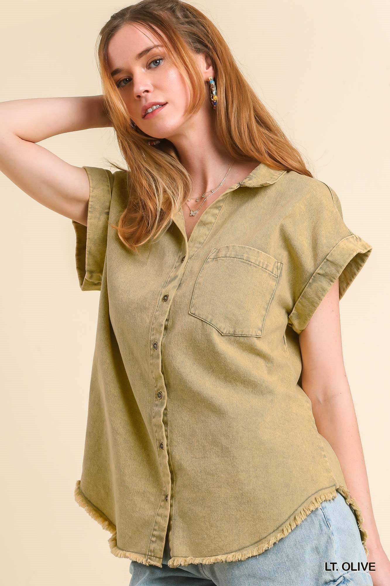 Light Olive Denim Button Up Top