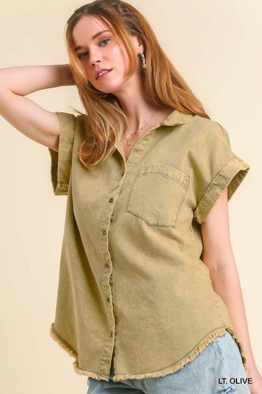 Light Olive Denim Button Up Top
