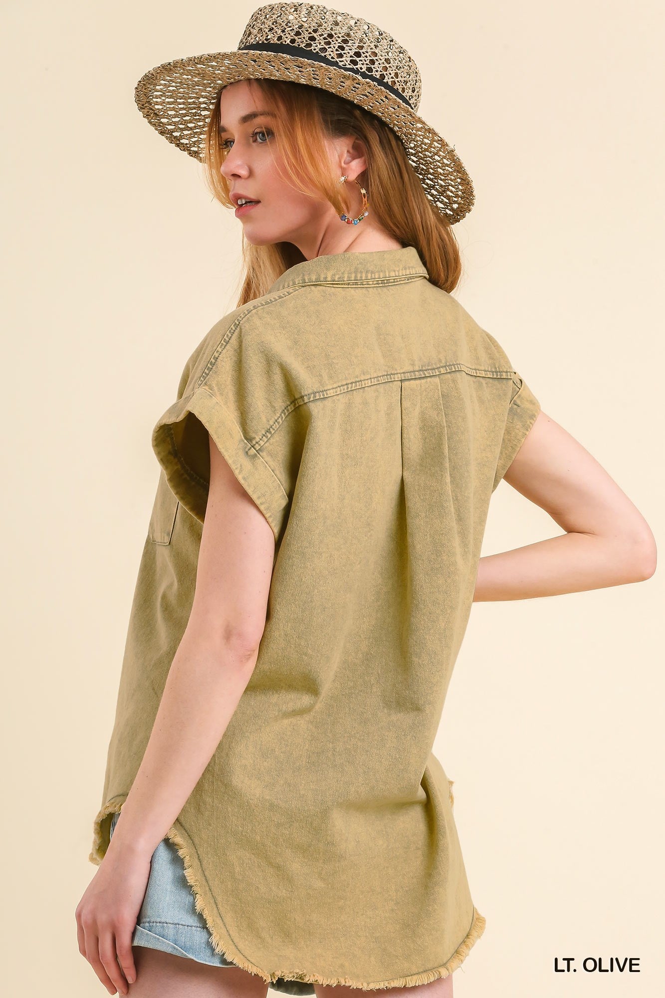 Light Olive Denim Button Up Top