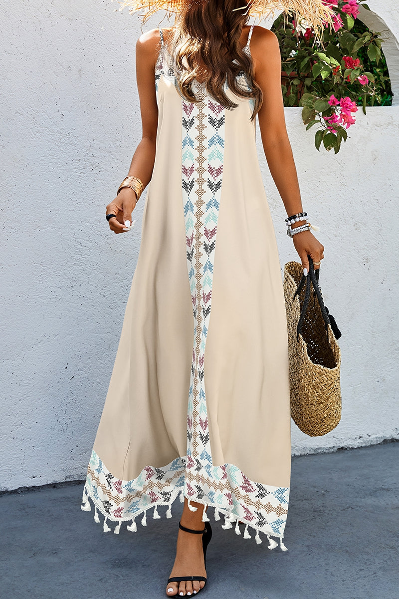Sale - Printed Beige Maxi Dress