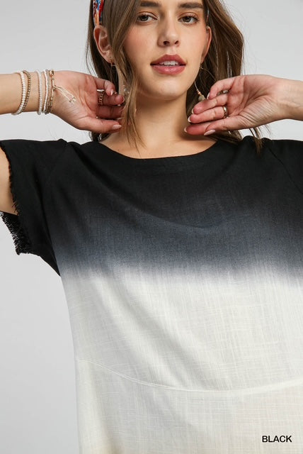 Black Linen Blend Dip Dye Short Sleeve Top