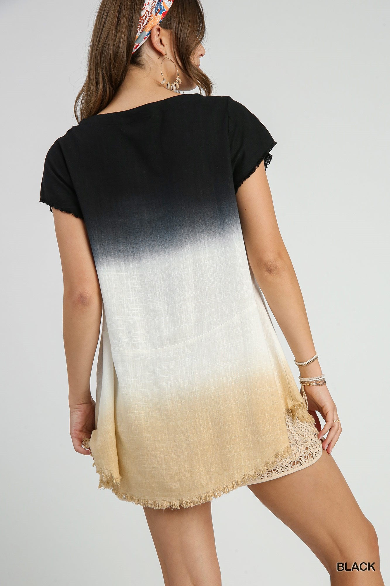 Black Linen Blend Dip Dye Short Sleeve Top
