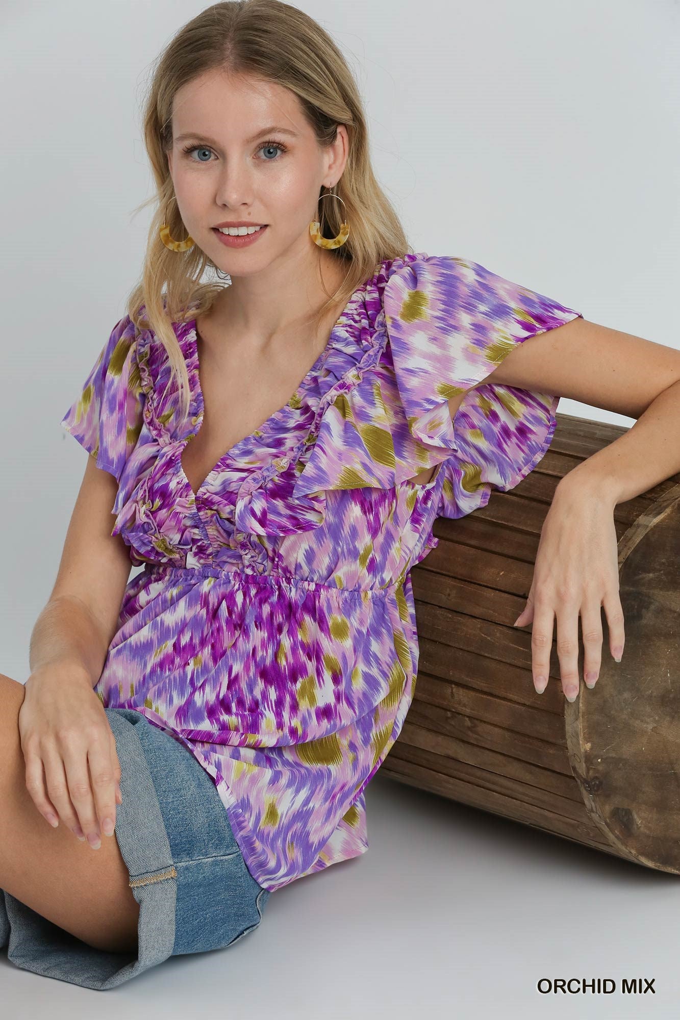 Orchid Mix V Neck Ruffle Sleeve Flutter Top