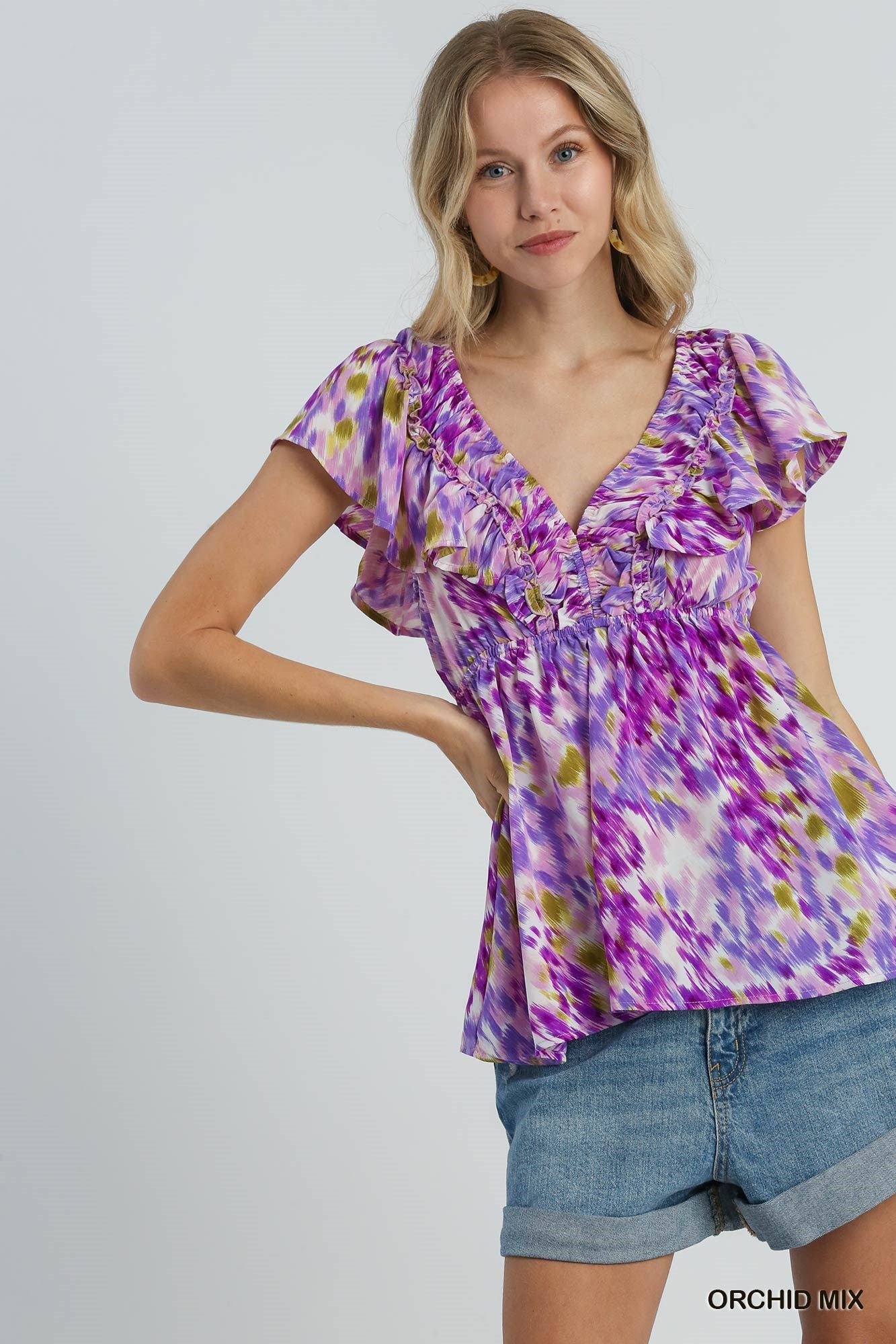 Orchid Mix V Neck Ruffle Sleeve Flutter Top