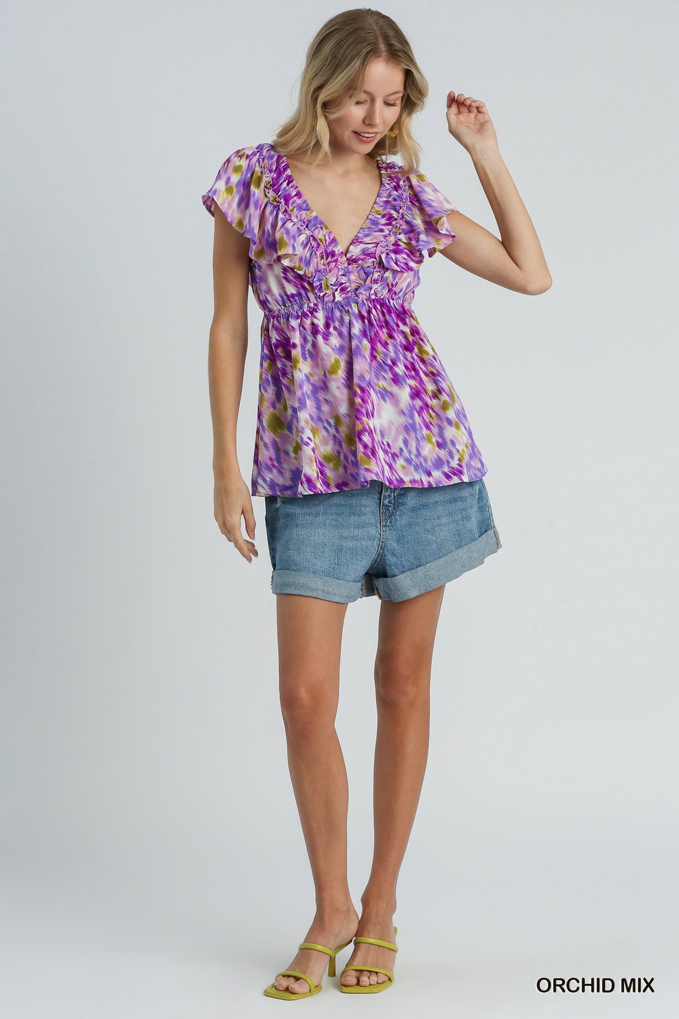 Orchid Mix V Neck Ruffle Sleeve Flutter Top