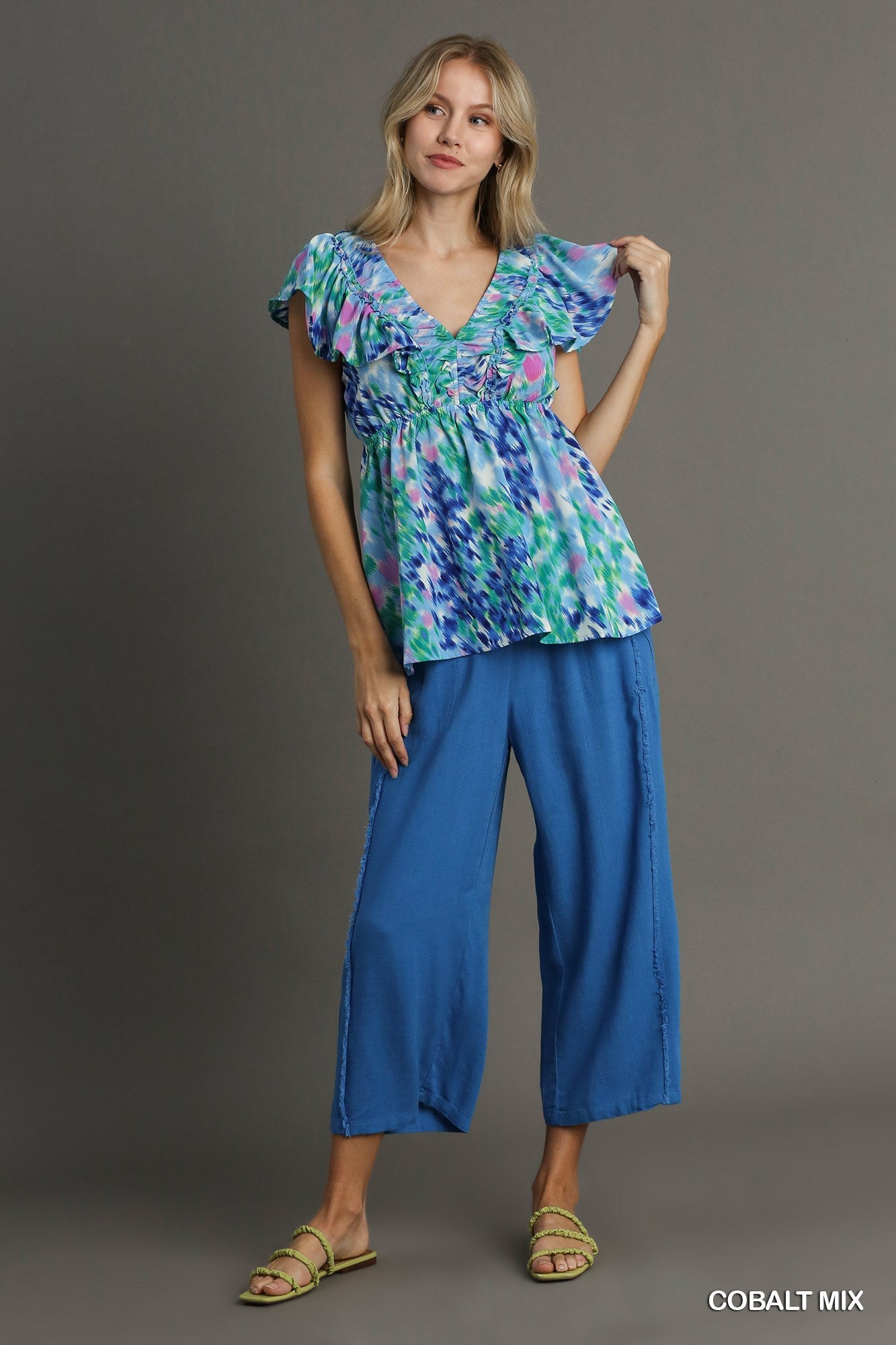 Cobalt Mix V Neck Ruffle Sleeve Flutter Top