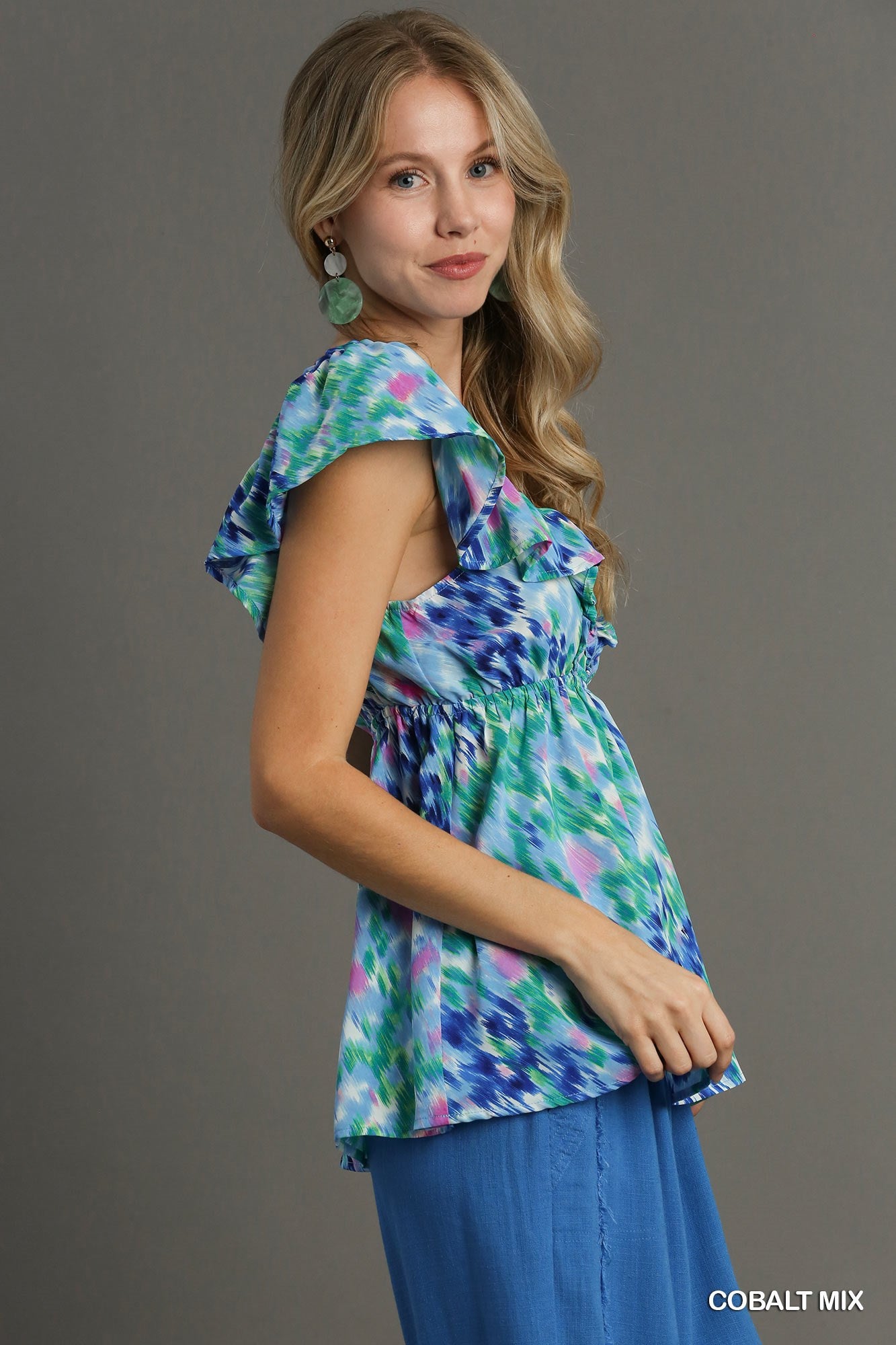 Cobalt Mix V Neck Ruffle Sleeve Flutter Top