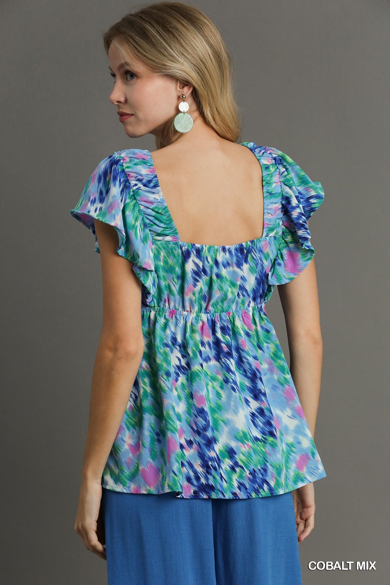 Cobalt Mix V Neck Ruffle Sleeve Flutter Top