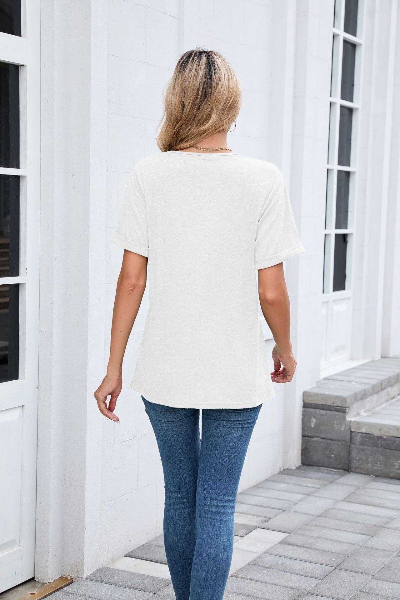 Coral Pink Solid Cotton Blend V-Neck Short Sleeve Women's Tee
