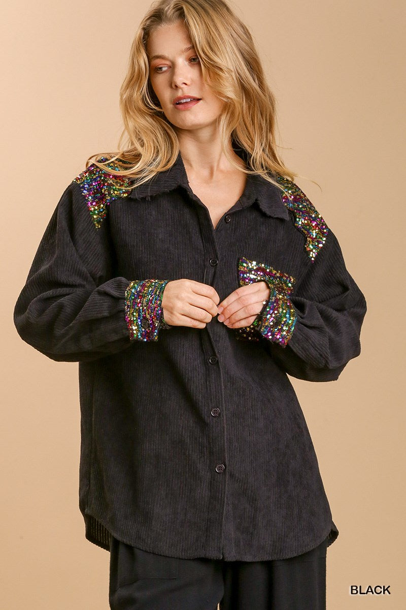 Black Collar Button Down Jacket with Sequins