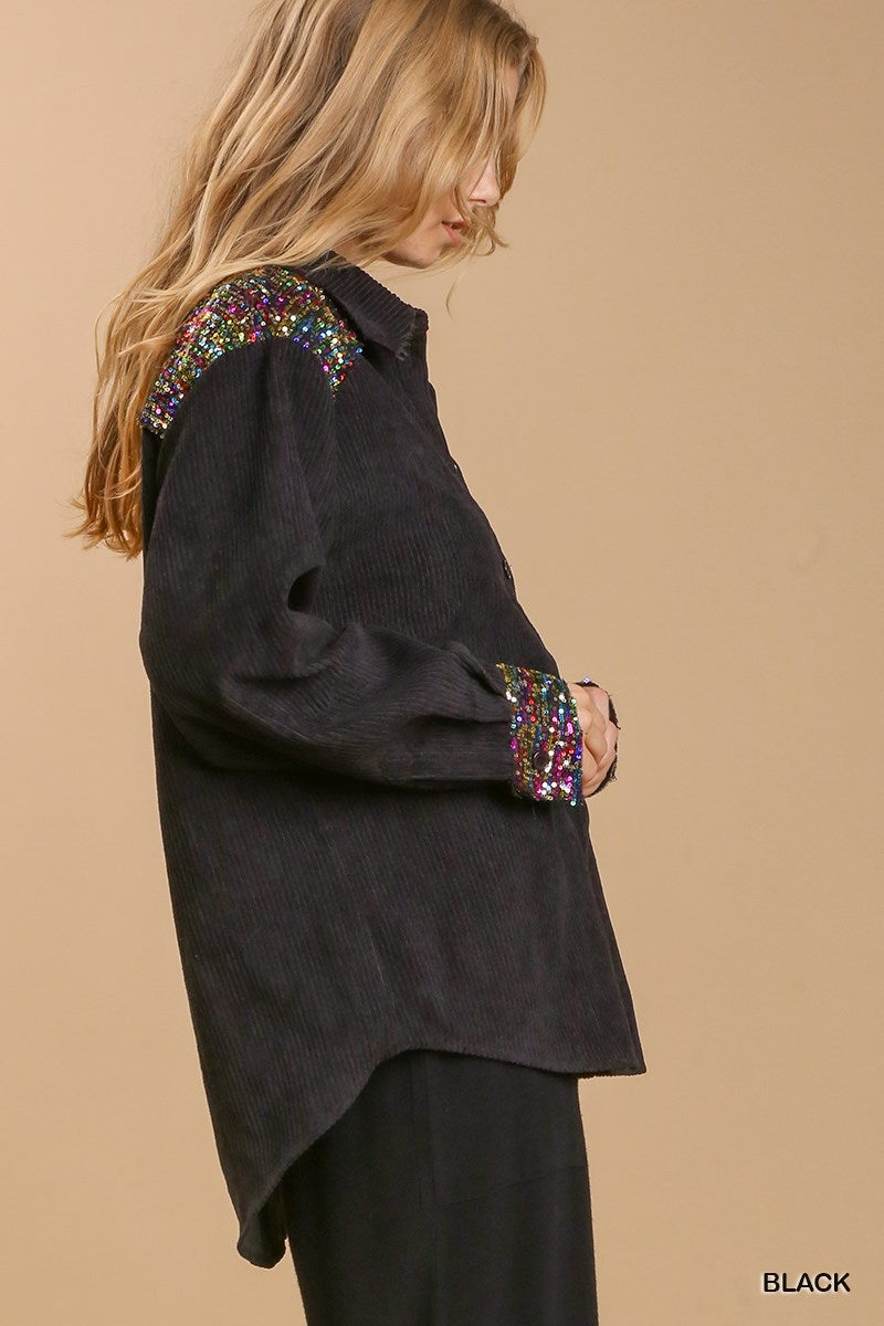 Black Collar Button Down Jacket with Sequins