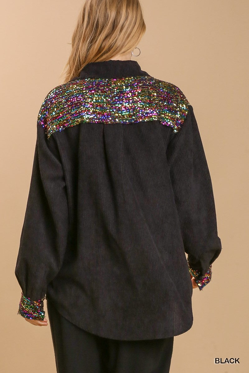 Black Collar Button Down Jacket with Sequins
