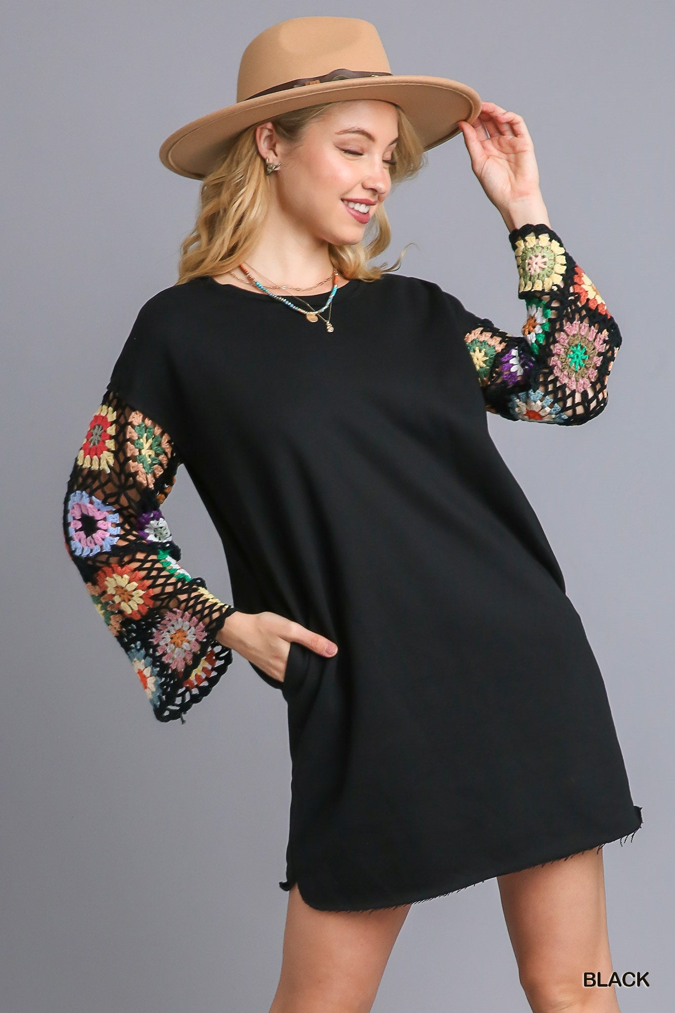 Black Crochet Long Sleeve Dress