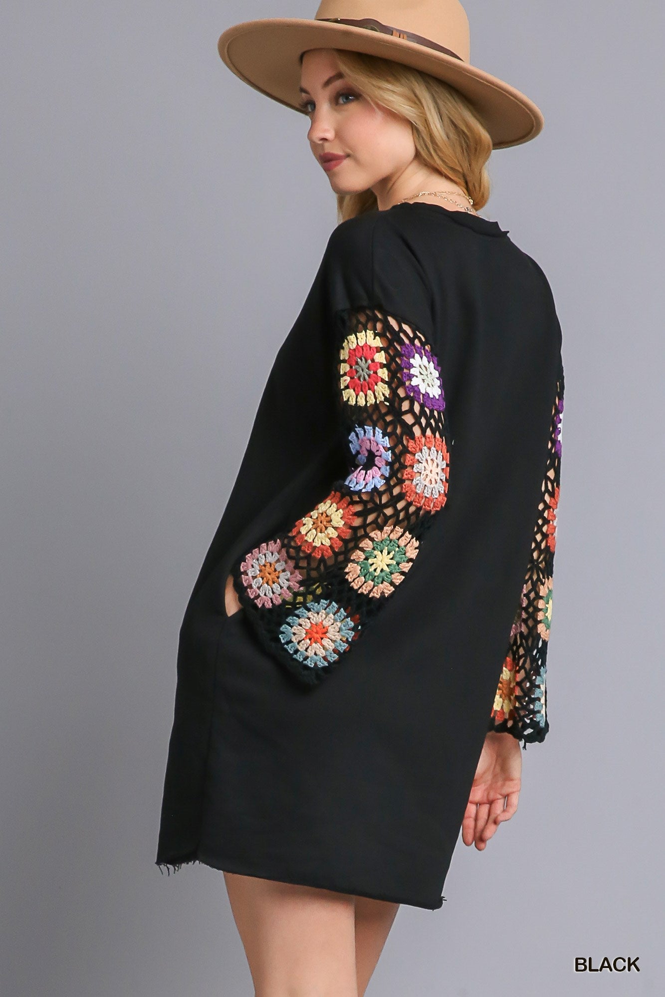 Black Crochet Long Sleeve Dress