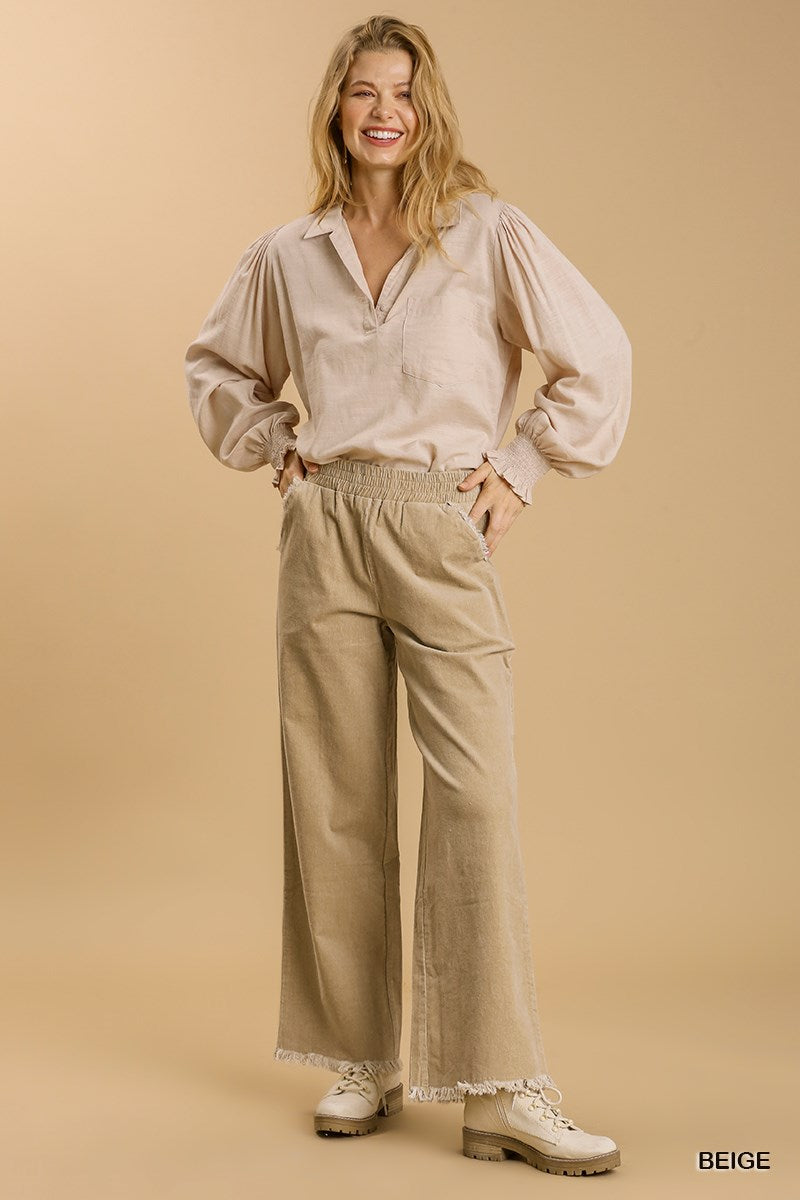 Beige Textured Wide Leg Pants