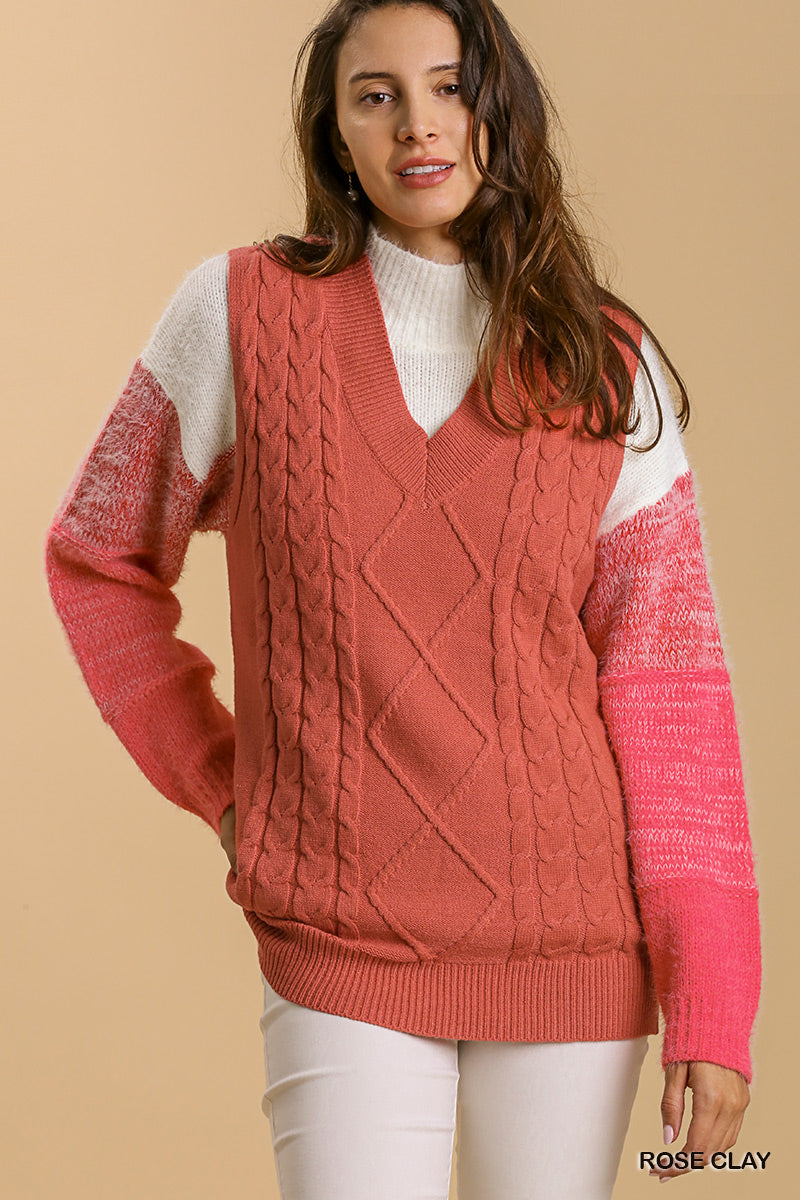 Rose Clay Maeve Cable V-Neck Vest Sweater
