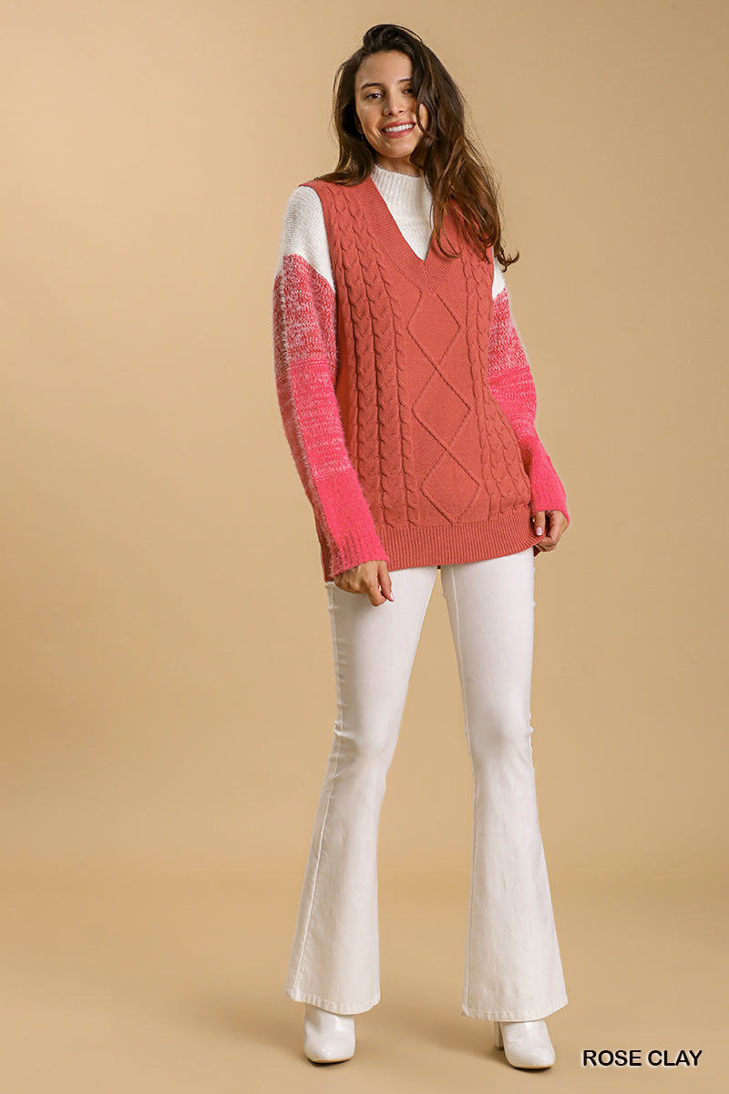 Rose Clay Maeve Cable V-Neck Vest Sweater