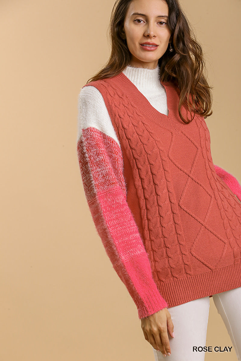 Rose Clay Maeve Cable V-Neck Vest Sweater