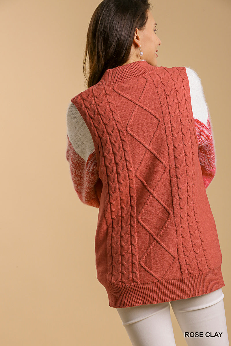 Rose Clay Maeve Cable V-Neck Vest Sweater