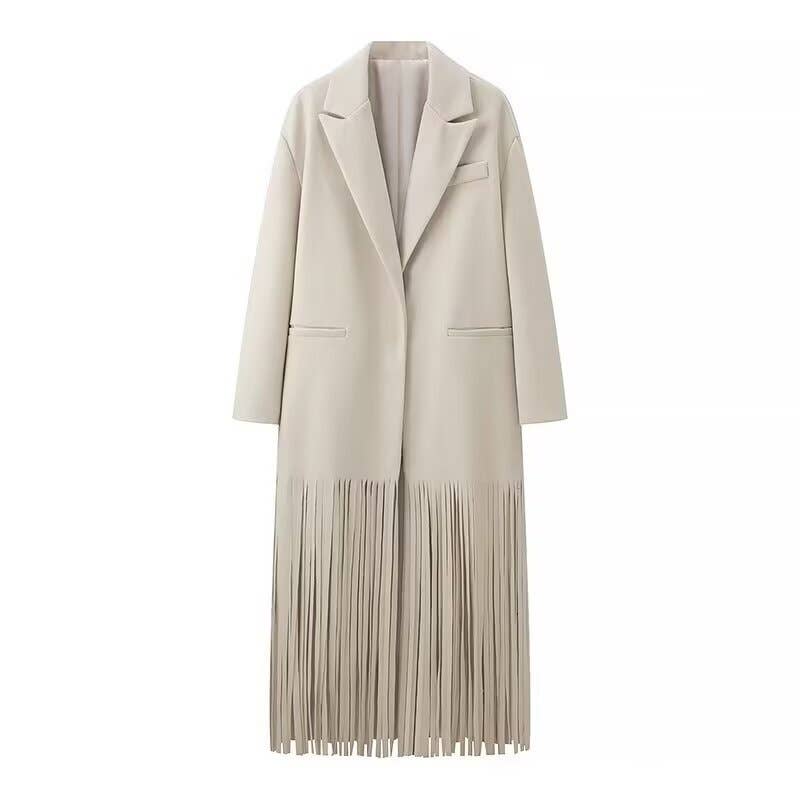 Beige Fashion Elegant Streetwear Long Tassels Coat