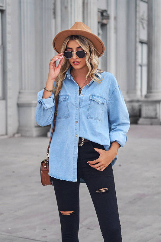 Ladies Lapel Denim Button Down Casual Daily Shirt