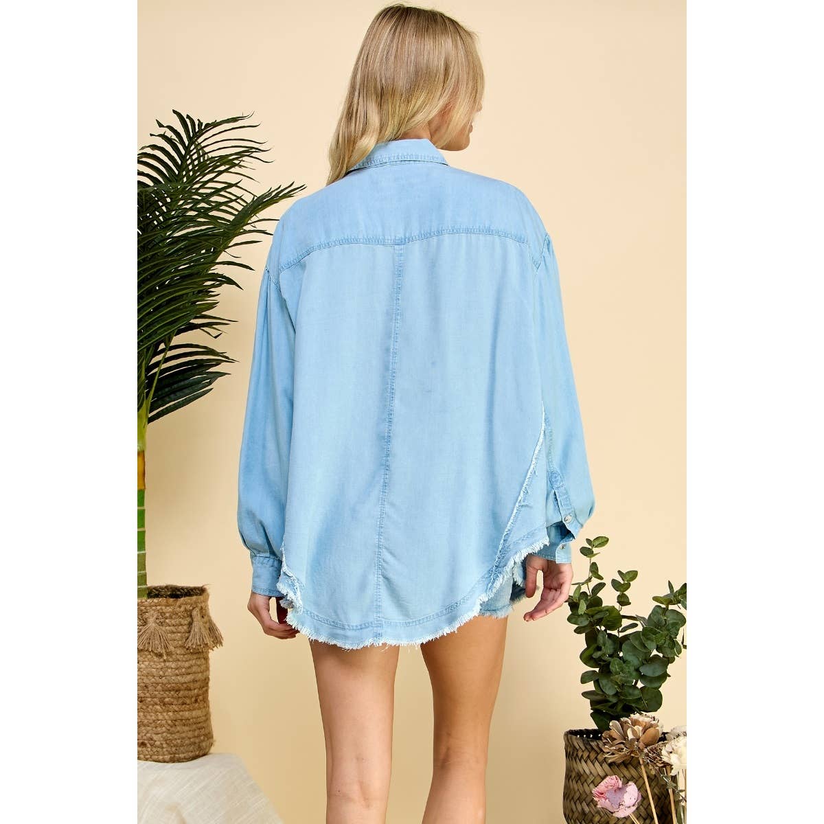 Sale - Light Wash Oversize Frayed Seam Balloon Sleeve Shirt