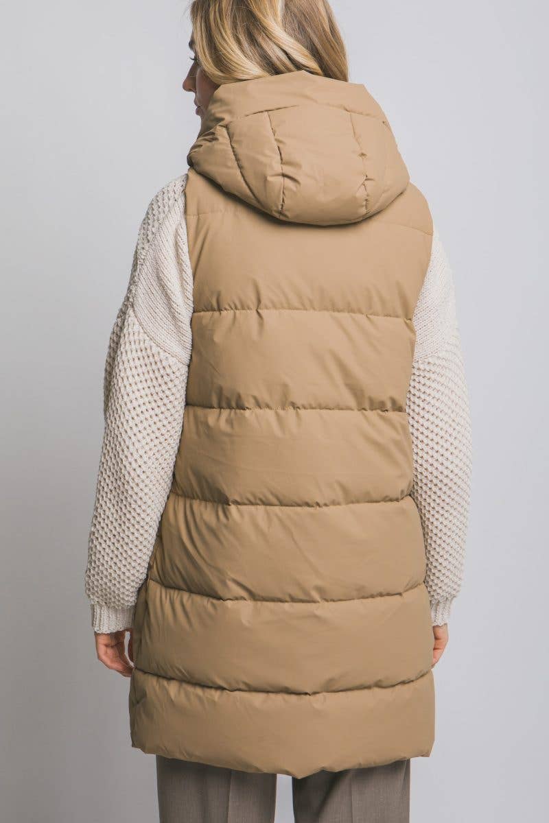 Sage Green Hooded Long Quilted Puffer Vest