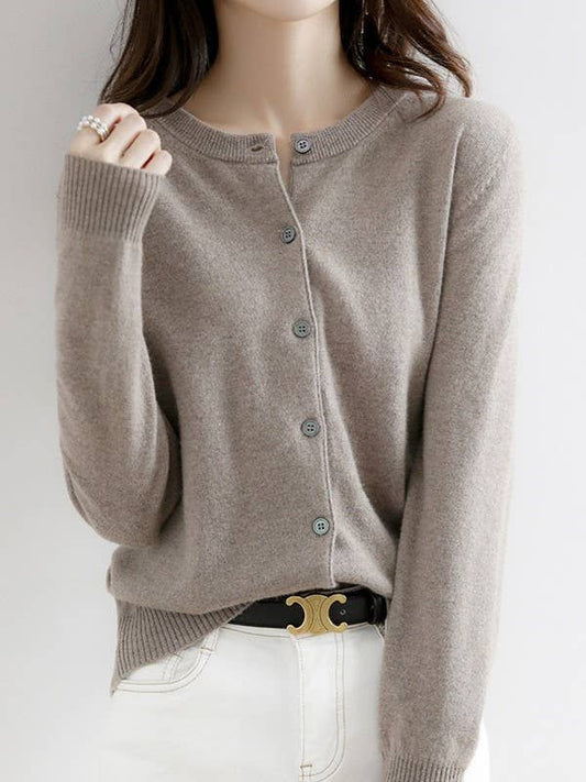 Essential Round Neck Buttoned Knit Cardigan - Taupe