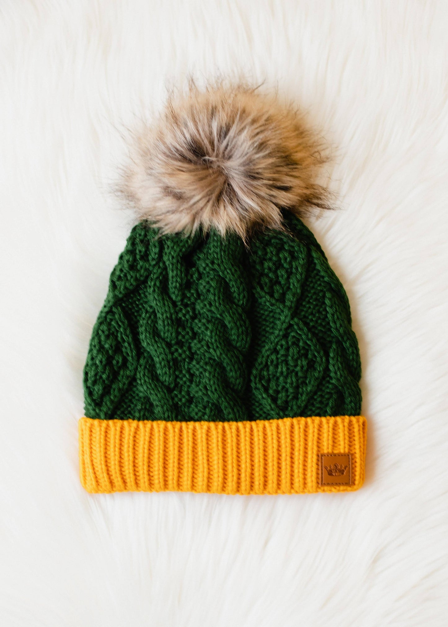 Green & Gold Trim Cable Knit Pom Hat