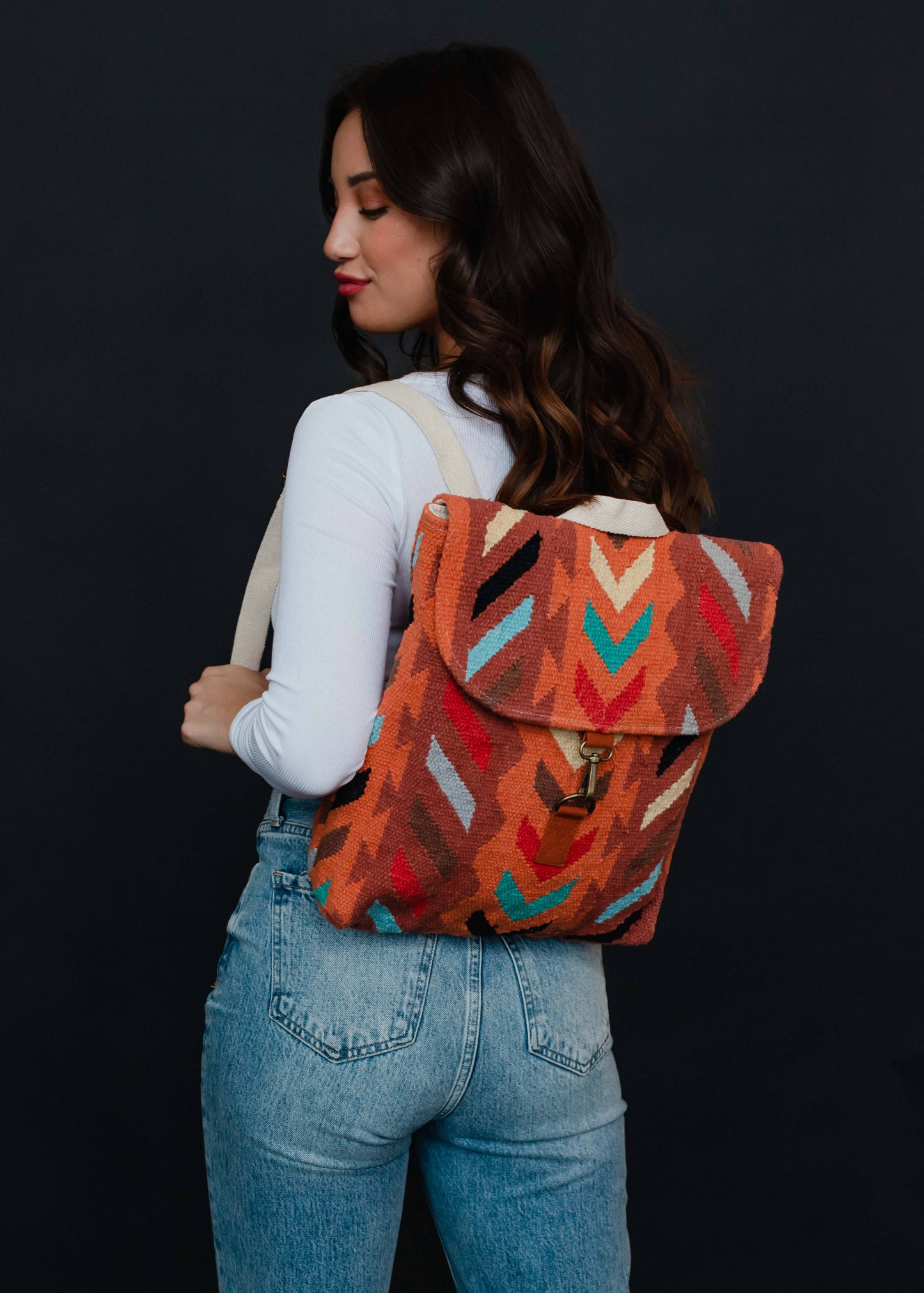 Orange & Multicolored Aztec Backpack