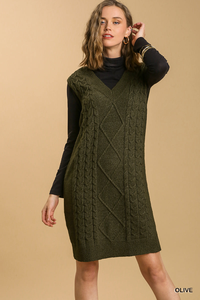 Olive Maeve Cable V-Neck Dress Sweater