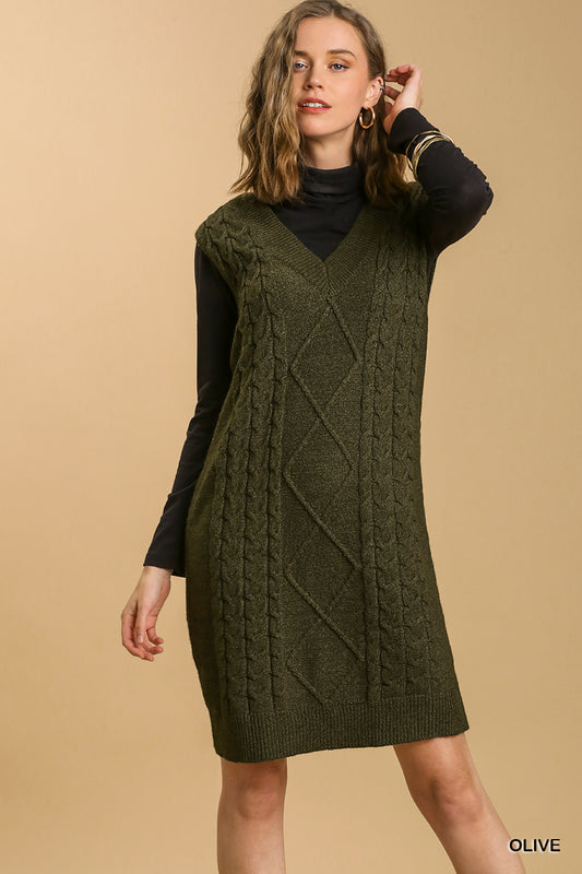 Olive Maeve Cable V-Neck Dress Sweater