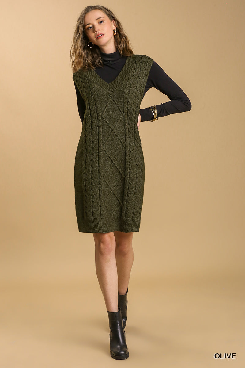 Olive Maeve Cable V-Neck Dress Sweater
