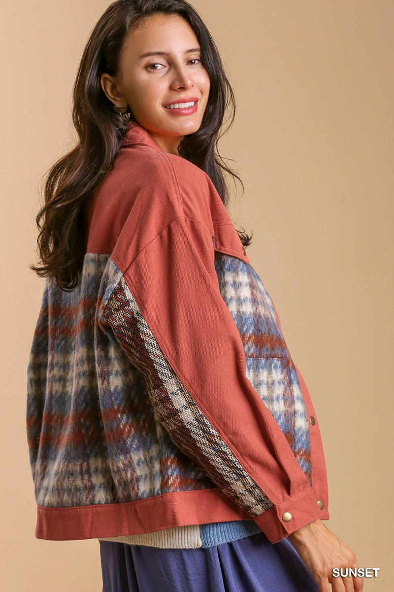 Sunset Print Sherpa Detail Button Up Jacket with Chest Pockets