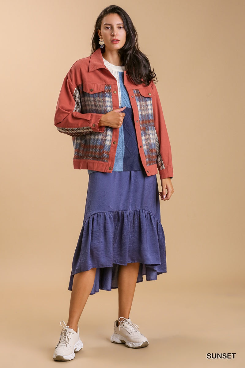 Sunset Print Sherpa Detail Button Up Jacket with Chest Pockets