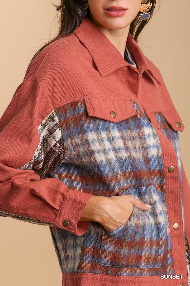 Sunset Print Sherpa Detail Button Up Jacket with Chest Pockets