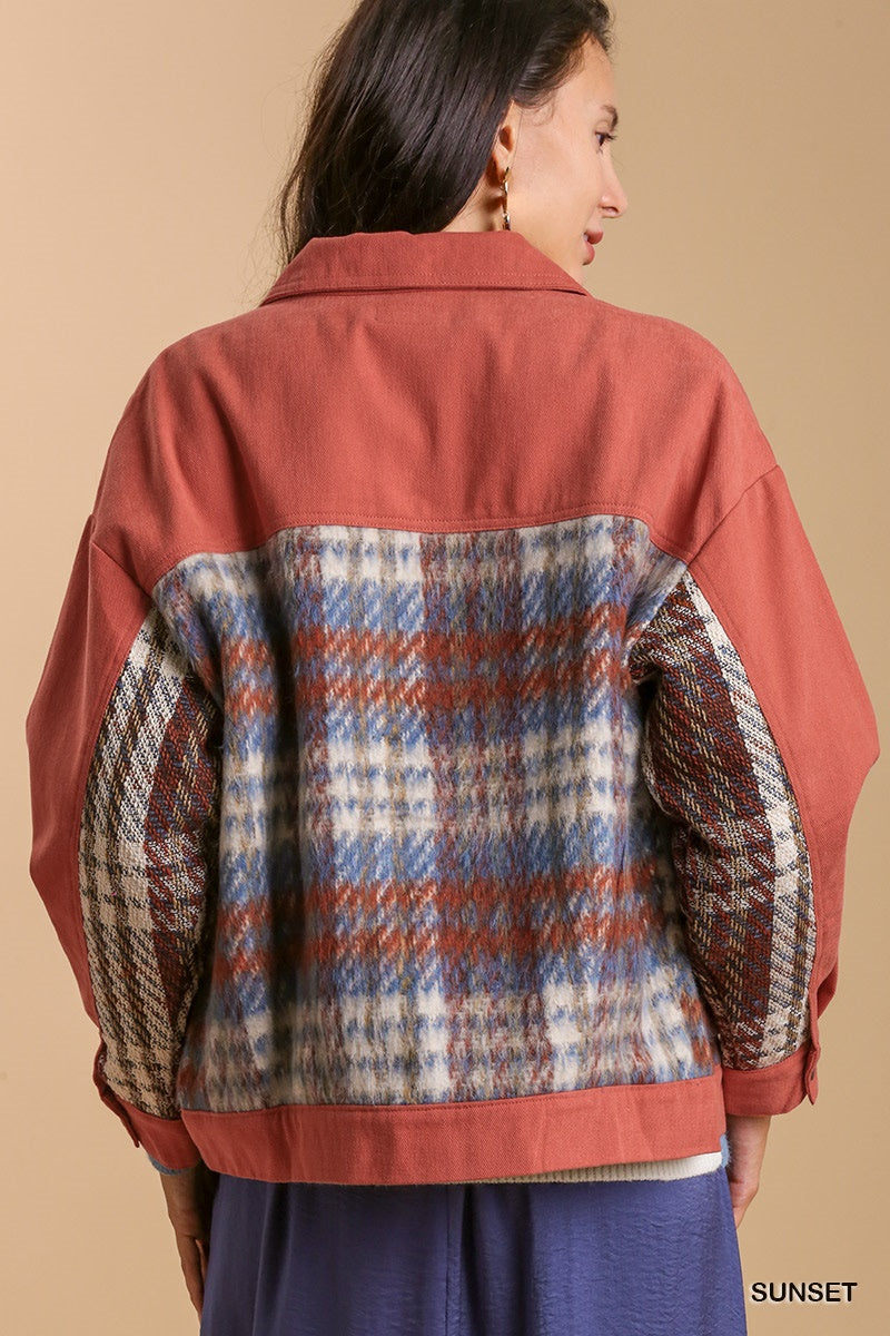 Sunset Print Sherpa Detail Button Up Jacket with Chest Pockets