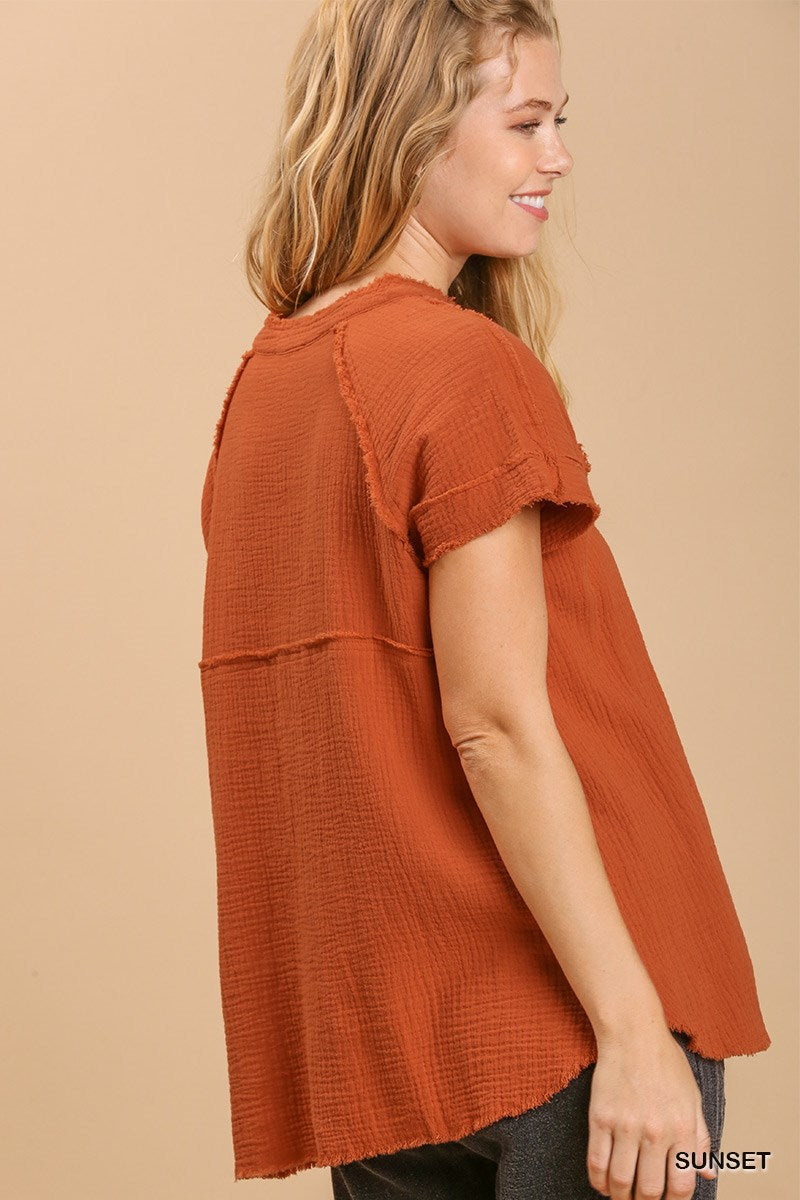 Sunset Split Neck Short Sleeve Top