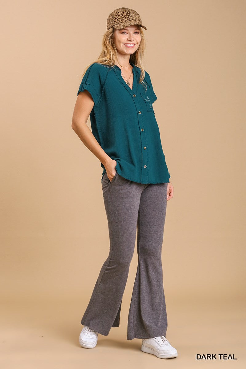 Dark Teal Split Neck Short Sleeve Top