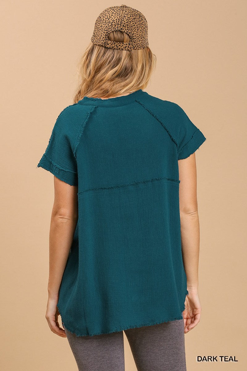 Dark Teal Split Neck Short Sleeve Top