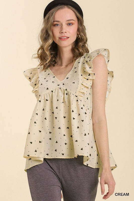Cream Sleeveless Babydoll V-Neck Heart Print Top