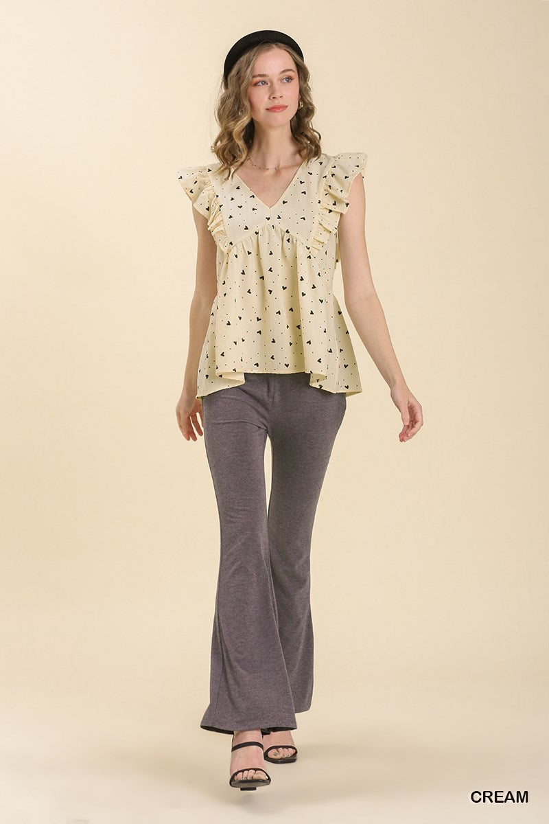 Cream Sleeveless Babydoll V-Neck Heart Print Top
