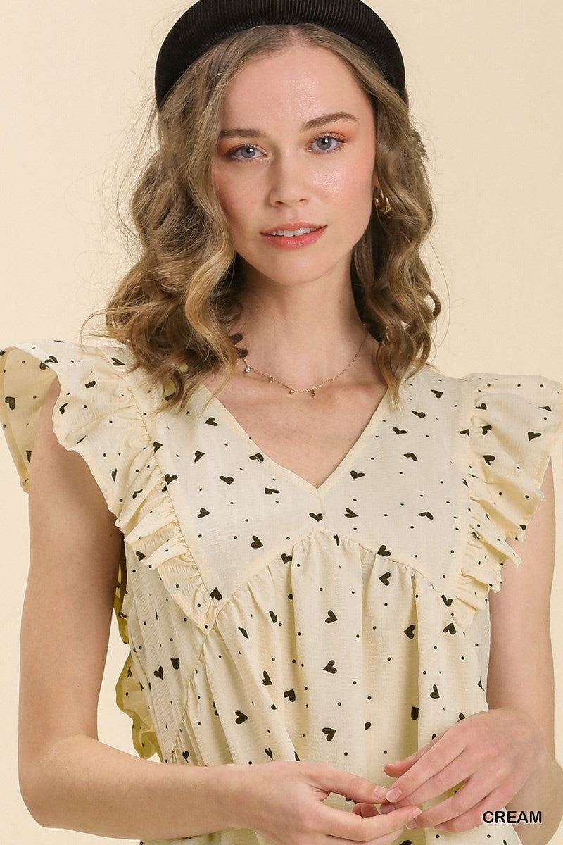 Cream Sleeveless Babydoll V-Neck Heart Print Top